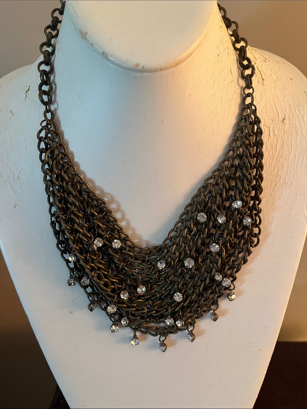 Crystal-Accented Bronze Multi-Row Chain Necklace with claw clasp